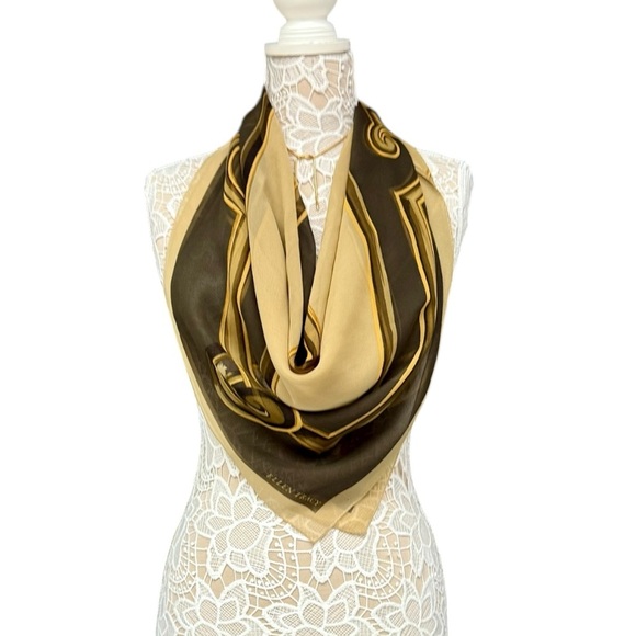 Ellen Tracy Vintage Silk Scarf Baroque Border Print Neutral Gold Brown, Sheer - Picture 1 of 11